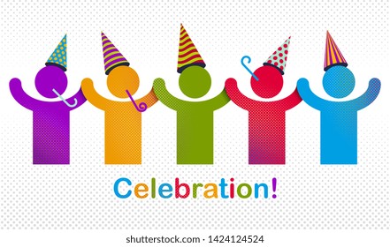 Celebrating people vector concept simple illustration or icon, celebration anniversary or holiday fun, group of cheerful happy people having fun at party.