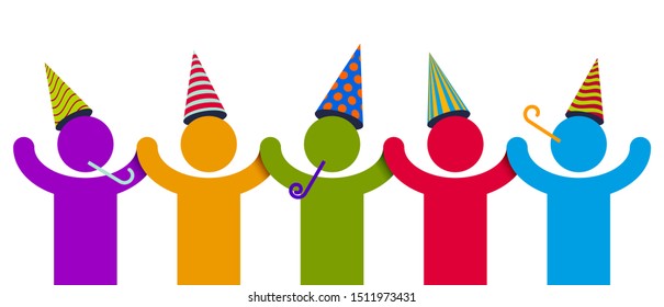 Celebrating people vector concept simple illustration or icon, celebration anniversary or holiday fun, group of cheerful happy people having fun at party.