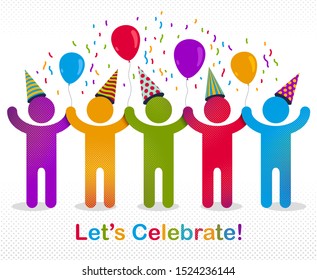 Celebrating people vector concept simple illustration or icon, celebration anniversary or holiday fun, group of cheerful happy people having fun at party.