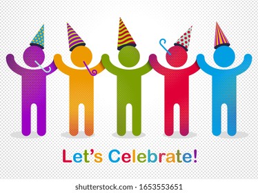 Celebrating people vector concept simple illustration or icon, celebration anniversary or holiday fun, group of cheerful happy people having fun at party.