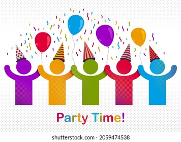 Celebrating people vector concept simple illustration or icon, celebration anniversary or holiday fun, group of cheerful happy people having fun at party.