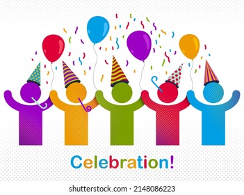 Celebrating people vector concept simple illustration or icon, celebration anniversary or holiday fun, group of cheerful happy people having fun at party.