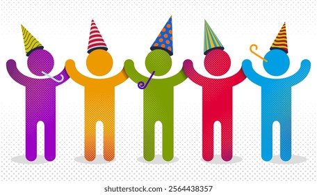 Celebrating people vector concept simple illustration or icon, celebration anniversary or holiday fun, group of cheerful happy people having fun at party.