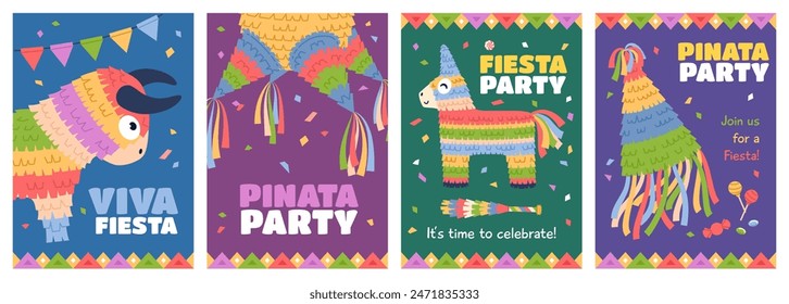 Celebrando con piñatas. Decoraciones tradicionales del carnaval mexicano, envases de papel con confeti, caramelos para romper, invitaciones infantiles para fiestas de cumpleaños, pósters de festivales, juego de tarjetas de Vector