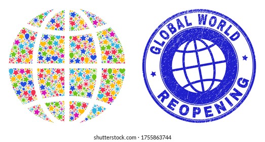 Feiern Sie die globale Kollektion und öffnen Sie das strukturierte Siegel neu. Der Planet-Globus-Kollektor wurde aus randomisierten Sternen, Herzen, Ballons entworfen. Rounded grobe blaue Dichtung mit Grunge Kautschuk Textur.