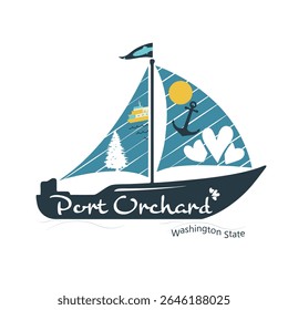 Celebrating Port Orchard Washington with sailboat, hearts, evergreen tree, ferry, anchor, and salmon in Kitsap County.
