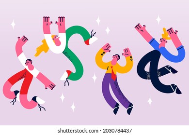 Celebrating, positive emotion, success concept. Group of smiling young people jumping celebrating business or personal success feeling positive vector illustration