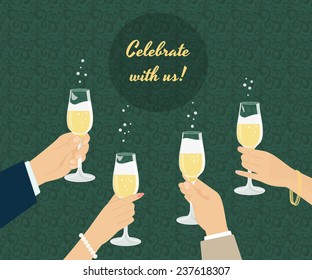 Celebrating poster with group of people toasting with champagne. Background with seamless pattern