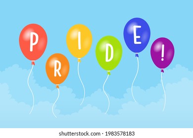 Celebrating pride month. Rainbow colored balloons with PRIDE! text vector illustration