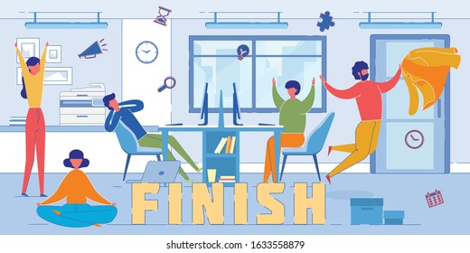 Celebrating Project Completion Word Concept Banner. Coworkers Excited with Successful Campaign Ending. Overjoyed Office Workers Relaxing after Hard Work Cartoon Characters. Workplace Achievement Idea