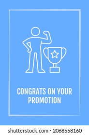 Celebrating promotion blue postcard with linear glyph icon. Greeting card with decorative vector design. Simple style poster with creative lineart illustration. Flyer with holiday wish
