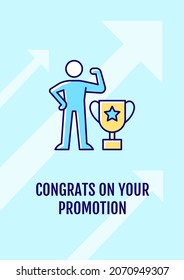Celebrating promotion greeting card with color icon element. Improvement in work. Postcard vector design. Decorative flyer with creative illustration. Notecard with congratulatory message