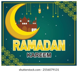 Celebrating Ramadan Kareem featuring a crescent moon, mosque silhouette, and hanging lanterns. Perfect for greeting cards, social media, and festive promotions. Flat vector modern illustration