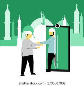 Celebrating Ramadan Kareem. Happy eid mubarak. Video call. Not meet up. Man chatting with friends or family online during during the corona virus pandemic.