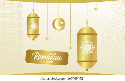 Celebrating ramadan with luxury theme color, islamic event. Ornate vector banner, vintage lanterns for Ramadan wishing. Arabic shining lamps. Outline golden decor in Eastern style.
