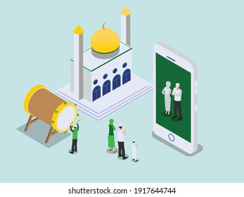 Celebrating Ramadan online isometric 3d vector concept for banner, website, illustration, landing page, flyer, etc.