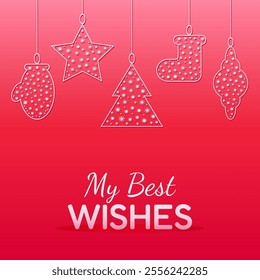 Celebrating red background with decorative garland and text my best wishes for christmas, new year, winter holidays. Vector illustration, festive, creative banner, social media post.