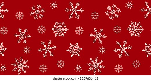 Celebrating red winter seamless horizontal pattern with white geometric snowflakes. For background, wallpaper, textile, packaging, backdrop, wrapper.