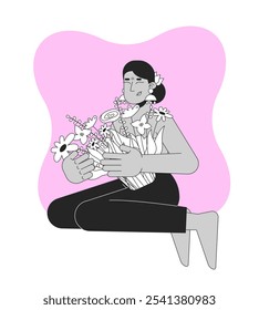 Celebrando a resiliência após o conceito de ilustração 2D preto e branco da lumpectomia. Sobrevivente de câncer de mama hindu bindi mulher abraçando florals delinear personagem isolado. Arte vetorial monocromática de metáforas