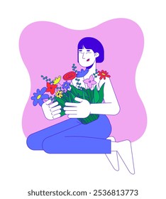 Celebrando a resiliência após mastectomia do conceito de ilustração 2D. Sobrevivente de câncer de mama mulher asiática abraçando florals personagem de desenho animado isolado em branco. Metáfora abstrata vetor gráfico plano