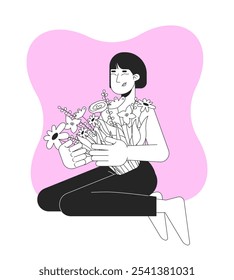 Celebrando a resiliência após mastectomia do conceito de ilustração 2D em preto e branco. Sobrevivente de câncer de mama mulher asiática abraçando florals delinear personagem isolado. Arte vetorial monocromática de metáforas