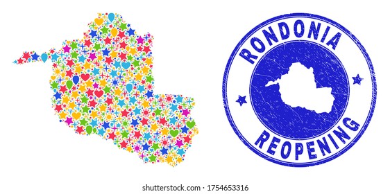 Celebrating Rondonia State map collage and reopening grunge stamp seal. Vector collage Rondonia State map is created with random stars, hearts, balloons.