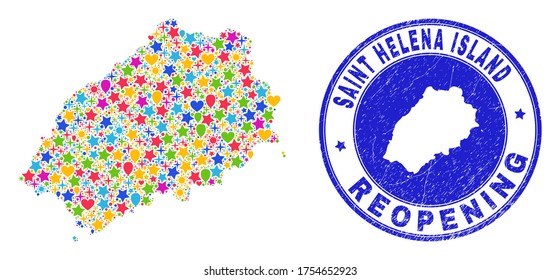 Celebrating Saint Helena Island map collage and reopening unclean watermark. Vector collage Saint Helena Island map is made with randomized stars, hearts, balloons.