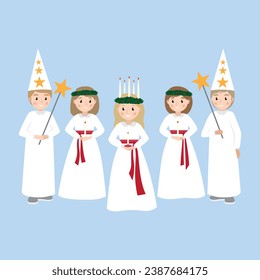 Celebrating Saint Lucia Day. Swedish Christmas tradition. Vector characters in flat style.