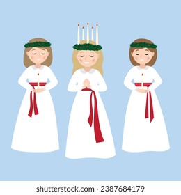 Celebrating Saint Lucia Day. Swedish Christmas tradition. Vector characters in flat style.