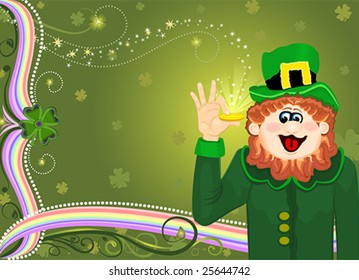 Celebrating Saint Patrick with magic Leprechaun and golden coin.