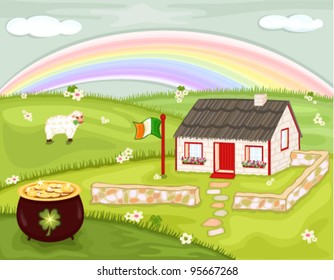 Celebrating Saint Patrick's Day with magic rainbow and pot of gold, on the green hills of Ireland. Vector illustration saved as EPS AI8, no effects, all elements layered, easy print and edit.