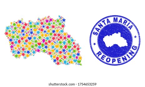 Celebrating Santa Maria Island map mosaic and reopening corroded seal. Vector mosaic Santa Maria Island map is done of random stars, hearts, balloons.