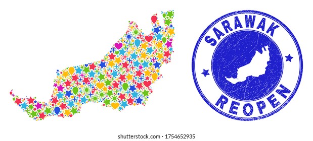 Celebrating Sarawak State map collage and reopening rubber stamp seal. Vector collage Sarawak State map is created with random stars, hearts, balloons.