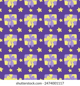 Celebrating seamless pattern with birthday gift boxes in purple and yellow colors. Vector flat holiday illustration for birthday party. Perfect for wrapping, wallpaper, kids textile, background