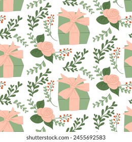 Celebrating seamless pattern with gift box and ribbon and stylized flat flowers. Springtime or summer celebration concept for textile or wallpaper. Vector flat hand drawn floral illustration