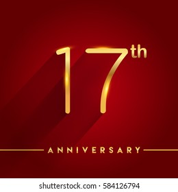 Celebrating of seventeen years anniversary, logotype golden colored isolated on red background, vector design for greeting card and invitation card