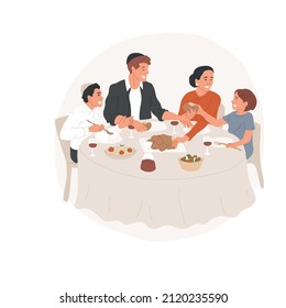 Celebrating Shabbat Abstract Concept Vector Illustration. Jewish Family, Traditional Food At Shabbat, Jewish Everyday Rituals, Faith And Belief, Kosher Meal, Bread And Wine Abstract Metaphor.