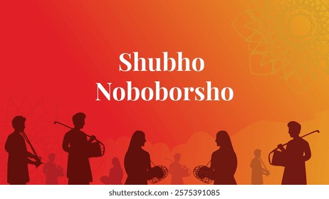 Celebrating Shubho Noboborsho (Bengali New Year), the image features a silhouette of people playing traditional Bengali instruments like the dhol (drum). The vibrant background transitions from orange