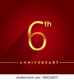 Celebrating of six years anniversary, logotype golden colored isolated on red background, vector design for greeting card and invitation card