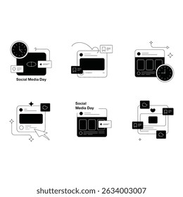 Celebrating Social Media Day with creative graphic representations clock time icons in grayscale