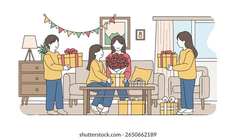 Celebrating a special occasion with loved ones sharing joy and gifts in a cozy living room setting