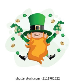 Celebrating St. Patrick's Day. Cheerful leprechaun in a green hat. Vector character illustration in cartoon style. Template for postcard, poster or media.