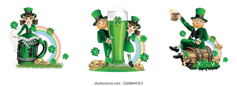 Celebrating St. Patrick's Day. Cheerful leprechaun in a green hat. Set vector character illustration in cartoon style. Template for postcard, poster or media.