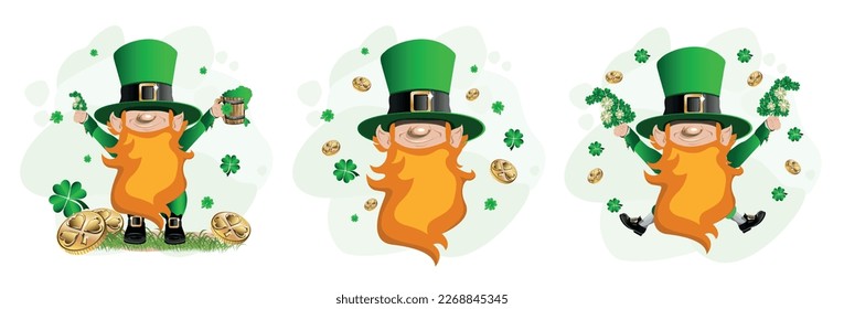 Celebrating St. Patrick's Day. Cheerful leprechaun in a green hat. Set vector character illustration in cartoon style. Template for postcard, poster or media.