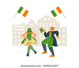 Celebrating St. Patrick's Day with cute Irish characters. Vector illustration with a dancing girl and a guy in national costumes, green hats and striped knee socks