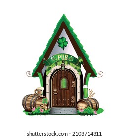 Celebrating St. Patrick's Day. Green leprechaun pub with barrels of beer. Vector illustration of a pub in cartoon style. Template for postcard, poster or media.