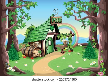 Celebrating St. Patrick's Day. Green leprechaun pub with barrels of beer. Vector illustration of a pub in cartoon style. Template for postcard, poster or media.