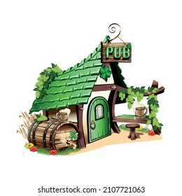 Celebrating St. Patrick's Day. Green leprechaun pub with barrels of beer. Vector illustration of a pub in cartoon style. Template for postcard, poster or media.