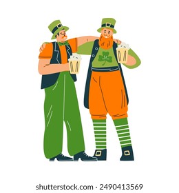 Celebrating St. Patrick's Day. Holiday is celebrated by two men in hats with a red beard and large mugs of beer. Traditional clothing, clover, colors. Vector illustration isolated on white background