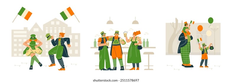 Celebrating St. Patrick's Day. Set of three compositions with people. Men and women are having fun, dancing, walking with children. Irish traditions, clover, luck. Vector illustration isolated.